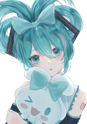 Rule 34 | 1girl, arm tattoo, black sleeves, blue bow, blue eyes, blue hair, borrowed hairstyle, bow, cinnamiku, cinnamoroll, cosplay, creature, detached sleeves, folded twintails, goji aoi can, hair between eyes, hair bow, hair ornament, hatsune miku, hatsune miku (cosplay), head tilt, highres, holding, holding creature, long hair, looking at viewer, number tattoo, one eye closed, open mouth, sanrio, simple background, solo, tattoo, tied ears, twintails, upper body, vocaloid, white background