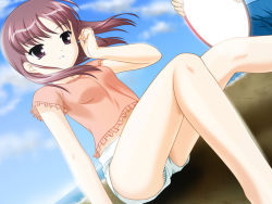Rule 34 | 1girl, arm support, beach, blouse, cloud, day, outdoors, panties, purple eyes, purple hair, shirt, shorts, sky, solo, striped clothes, striped panties, underwear