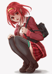 Rule 34 | 1girl, :d, absurdres, alternate costume, bag, blazer, brown footwear, collarbone, collared shirt, contemporary, earrings, fingernails, hairband, highres, jacket, jewelry, loafers, looking at viewer, nakaken, necktie, open mouth, plaid, plaid necktie, plaid skirt, pyra (xenoblade), red eyes, red hair, red jacket, red skirt, school bag, school uniform, shirt, shoes, short hair, simple background, skirt, smile, solo, squatting, swept bangs, white shirt, xenoblade chronicles (series), xenoblade chronicles 2, yellow hairband