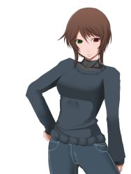 Rule 34 | 00s, 1girl, aged up, breasts, brown hair, casual, chemical-x, denim, female focus, heterochromia, jeans, pants, rozen maiden, short hair, simple background, solo, souseiseki, sweater, white background