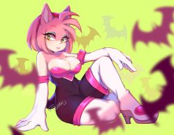 Rule 34 | 1girl, amy rose, bare shoulders, bat wings, biotari, boots, breasts, cleavage, cosplay, elbow gloves, eyeshadow, furry, furry female, gloves, green eyes, hairband, highres, large breasts, makeup, pink hair, rouge the bat, rouge the bat (cosplay), sitting, smile, solo, sonic (series), thigh boots, thighhighs, white gloves, wings
