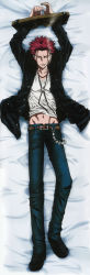 Rule 34 | 10s, 1boy, absurdres, brown eyes, chain, dakimakura (medium), earrings, full body, highres, jacket, jewelry, k-project, male focus, navel, necklace, open clothes, open jacket, pants, red hair, short hair, smile, smoke, solo, stocks, suoh mikoto