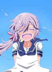 Rule 34 | 10s, 1girl, :d, akebono (kancolle), arms behind back, bell, blue sky, commentary request, day, closed eyes, flower, hair bell, hair between eyes, hair flower, hair ornament, happy tears, jingle bell, kantai collection, long hair, open mouth, purple hair, sailor collar, sailor shirt, shadow, shino (ponjiyuusu), shirt, short sleeves, side ponytail, sky, smile, solo, sunlight, tears, wind