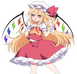 Rule 34 | 1girl, alternate hair length, alternate hairstyle, blonde hair, blush, bright pupils, commentary request, crystal, fang, feet out of frame, flandre scarlet, hair between eyes, hands up, hat, hat ribbon, highres, long hair, looking at viewer, mob cap, open mouth, puffy sleeves, red eyes, red ribbon, red skirt, red vest, ribbon, shirt, side ponytail, simple background, skin fang, skirt, smile, socks, solo, touhou, tsukimirin, vest, white background, white hat, white pupils, white shirt, white socks, wings, wrist cuffs