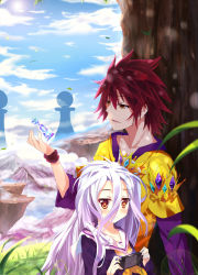 Rule 34 | 10s, 1boy, 1girl, brother and sister, chess piece, expressionless, handheld game console, long hair, no game no life, orange eyes, oversized object, school uniform, shiro (no game no life), short hair, siblings, sora (no game no life), white crow, white hair