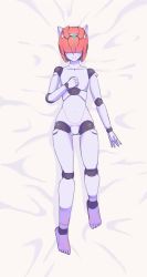 Rule 34 | 1boy, android, blush, full body, hair over eyes, highres, joints, kinou tsunao, male focus, on bed, pink hair, robot, robot joints, robot neoanthropinae polynian, shamrock (polynian), solo, trap