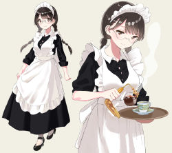 Rule 34 | 1girl, apron, back bow, black dress, black footwear, black hair, blush, bow, braid, breasts, brown hair, closed eyes, coffee maker, coffee siphon, comic, cowboy shot, cup, dress, frilled apron, frills, full body, glasses, grey background, hanae haruka, highres, holding, holding tray, jimiko, long hair, looking at viewer, looking down, maid, maid headdress, medium breasts, multiple views, original, simple background, sleeves pushed up, sleeves rolled up, smile, standing, steam, tea, teacup, tray, twin braids, white apron, white bow, white legwear
