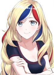 Rule 34 | 10s, 1girl, alternate costume, bad id, bad twitter id, black shirt, blonde hair, blue eyes, blue hair, casual, collarbone, commandant teste (kancolle), crossed arms, kantai collection, long hair, morinaga miki, multicolored hair, red hair, shirt, short sleeves, simple background, smile, solo, streaked hair, white background, white hair