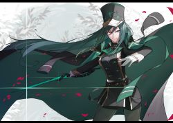 Rule 34 | 1girl, alchemy stars, ascot, black hat, breasts, closed mouth, gloves, green ascot, green eyes, green hair, hat, heterochromia, holding, holding sword, holding weapon, jacket, jacket on shoulders, large breasts, letterboxed, long hair, long sleeves, looking at viewer, migard (alchemy stars), military, military uniform, nagihana, sideboob, smile, solo, sword, uniform, very long hair, weapon, white gloves, yellow eyes
