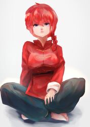 Rule 34 | 1girl, barefoot, blue eyes, braid, breasts, chinese clothes, genderswap, genderswap (mtf), indian style, large breasts, ranma-chan, ranma 1/2, red hair, saotome ranma, single braid, sitting, solo, tangzhuang