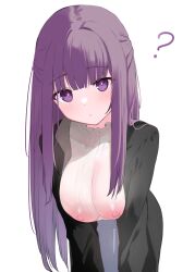 Rule 34 | 1girl, = =, ?, absurdres, black robe, breasts, closed mouth, commentary request, dress, fern (sousou no frieren), highres, large breasts, long hair, looking at viewer, memekko, open clothes, open robe, purple eyes, purple hair, robe, see-through, shirt, simple background, solo, sousou no frieren, very long hair, white background, white dress