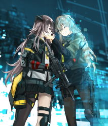 Rule 34 | 2girls, assault rifle, black jacket, black legwear, blurry, blurry background, brown eyes, brown hair, commentary request, crossed bangs, ghost, girls&#039; frontline, grey hair, gun, h&amp;k ump, hair between eyes, heckler &amp; koch, highres, holding, holding gun, holding weapon, jacket, kisetsu, mod3 (girls&#039; frontline), multiple girls, night, night sky, one eye closed, one side up, open clothes, open jacket, outdoors, pantyhose, rifle, scar, scar across eye, scar on face, shirt, sky, smile, submachine gun, tears, ump40 (girls&#039; frontline), ump45 (girls&#039; frontline), ump45 (mod3) (girls&#039; frontline), weapon, white shirt, yellow eyes