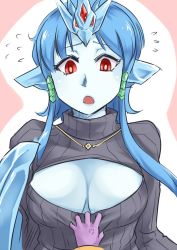 Rule 34 | 1girl, :o, anger vein, anivia, blue hair, breast envy, breasts, harpy, large breasts, league of legends, lipgloss, lulu (league of legends), meme attire, monster girl, nam (valckiry), open-chest sweater, personification, red eyes, short hair with long locks, solo, surprised, sweat, sweater, wings