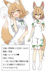 Rule 34 | 1girl, :d, animal ears, blonde hair, blush, commentary request, dress, e.o., fang, fox ears, fox girl, fox tail, full body, highres, kudamaki tsukasa, looking at viewer, open mouth, orange eyes, short hair, short sleeves, simple background, skin fang, smile, socks, speech bubble, standing, tail, touhou, translation request, white background, white dress, white socks