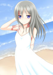 Rule 34 | 1girl, arm behind back, bare shoulders, beach, blue eyes, blue sky, blush, burn scar, cloud, collarbone, day, dorei to no seikatsu ~teaching feeling~, dress, grey hair, hand in own hair, highres, long hair, looking at viewer, md5 mismatch, ocean, outdoors, resolution mismatch, revision, robu (ms08bb), scar, sky, smile, solo, source larger, sundress, sylvie (dorei to no seikatsu), white dress