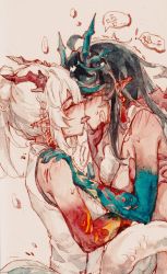 Rule 34 | 2girls, absurdres, arknights, arm tattoo, black hair, blue skin, blush, braid, chinese commentary, colored skin, dragon girl, dragon horns, dragon tail, dusk (arknights), ear piercing, female focus, french kiss, highres, horns, incest, kiss, long hair, moyu marginal, multiple girls, nian (arknights), piercing, pointy ears, ponytail, red skin, siblings, sisters, speech bubble, sweat, tail, tattoo, tongue, upper body, white hair, yuri