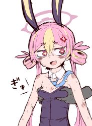 Rule 34 | + +, 1girl, anger vein, animal ears, blue archive, blush, breasts, commentary request, fake animal ears, fang, grabbing, grabbing from behind, highres, koyuki (blue archive), koyuki (bunny) (blue archive), leotard, long hair, multicolored hair, necktie, playboy bunny, rabbit ears, simple background, small breasts, solo focus, sweat, tears, two-tone hair, white background