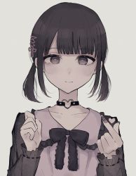 Rule 34 | 1girl, bad id, bad twitter id, black bow, black choker, black hair, bow, brown eyes, brown nails, choker, closed mouth, collarbone, collared shirt, commentary request, fingernails, frilled shirt collar, frills, grey background, heart o-ring, highres, long fingernails, long sleeves, looking at viewer, middle finger, nail polish, original, pink shirt, shirt, simple background, smile, solo, tsuruse, twintails, upper body