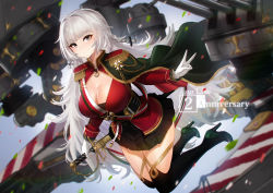 Rule 34 | 1girl, anniversary, artnohearts, azur lane, black footwear, black skirt, blunt bangs, blush, braid, breasts, cleavage, cloak, closed mouth, commentary request, copyright name, dress, english text, epaulettes, gloves, grey eyes, grey hair, high heels, holding, large breasts, long hair, looking at viewer, open mouth, pleated skirt, red dress, shoes, sidelocks, skirt, solo, sword, thighhighs, turret, uniform, v, very long hair, vittorio veneto (azur lane), weapon, white gloves