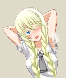 Rule 34 | 1girl, armpits, arms behind head, arms up, asobi asobase, blonde hair, blush, braid, breasts, eyelashes, head tilt, hot, large breasts, long hair, looking at viewer, mamemarumametarou, necktie, olivia (asobi asobase), one eye closed, open mouth, school uniform, shirt, short sleeves, simple background, smile, steam, steaming body, summer uniform, sweat, twin braids, upper body, white shirt