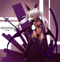Rule 34 | 1girl, belt bra, boots, choker, commentary request, dark skin, dark-skinned female, demon wings, full body, hair intakes, hair over eyes, hair ribbon, highres, hisui (syarute), pixiv fantasia, pixiv fantasia last saga, revealing clothes, ribbon, scythe, shrug (clothing), smile, solo, thigh boots, thighhighs, twintails, white hair, wings