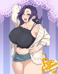Rule 34 | 1girl, agawa ryou, arm up, artist name, belly, breasts, curvy, covered erect nipples, heart, highres, huge breasts, jeans skirt, long hair, looking at viewer, midriff, miniskirt, navel, open mouth, plump, ponytail, purple eyes, purple hair, skirt, smile, solo, standing, thick thighs, thighs, waifu2x, watermark, web address, wide hips