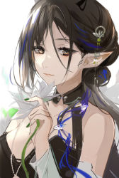 Rule 34 | 1girl, arknights, black hair, black shirt, blacknight (summer flower) (arknights), blue hair, breasts, cleavage, cleavage cutout, clothing cutout, detached sleeves, flower, green nails, hair ornament, hand up, holding, holding flower, jewelry, large breasts, lips, looking at viewer, multicolored hair, nail polish, necklace, pointy ears, qianzhu, shirt, simple background, solo, streaked hair, upper body, white background, white flower, white sleeves, yellow eyes