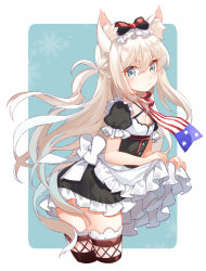Rule 34 | 1girl, american flag, american flag print, animal ears, apron, apron lift, azur lane, bad id, bad pixiv id, black dress, blue eyes, blush, bow, cat ears, clothes lift, commentary request, dress, dress lift, flag print, frilled apron, frilled sleeves, frills, hair between eyes, hair bow, hammann (azur lane), lifted by self, light brown hair, long hair, looking at viewer, looking to the side, one side up, parted lips, print neckwear, puffy short sleeves, puffy sleeves, shiosoda, short sleeves, sidelocks, solo, thighhighs, v-shaped eyebrows, very long hair, waist apron, white apron, white bow