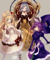 Rule 34 | 3girls, blonde hair, blue eyes, bow, bracelet, detached sleeves, dress, duel monster, fork, gloves, grey hair, hair ornament, hair ribbon, hat, heterochromia, highres, jewelry, leggings, madolche magileine, madolche puddingcess, madolche queen tiaramisu, multiple girls, necklace, puffy short sleeves, puffy sleeves, purple hair, ribbon, rr (rr2), scepter, shoes, short sleeves, smile, tiara, witch hat, yu-gi-oh!