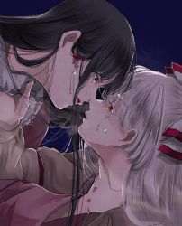 Rule 34 | 2girls, arm garter, black eyes, black hair, blood, blood drip, blue background, blush, bow, breath, collar grab, collared shirt, colored eyelashes, commentary request, expressionless, eyelashes, facing another, fujiwara no mokou, hair bow, houraisan kaguya, injury, japanese clothes, lips, long hair, long sleeves, looking at another, mokoiscat, multiple girls, nose, open mouth, pink shirt, red eyes, shirt, simple background, standing, strangling, sweatdrop, touhou, two-tone bow, upper body, white hair, white shirt, wing collar