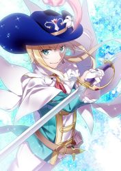 Rule 34 | androgynous, blonde hair, chevalier d&#039;eon (fate), fate/grand order, fate (series), flower, gender request, gloves, green eyes, hat, hat feather, hat flower, lily (flower), nina (pastime), rapier, sheath, smile, sparkle background, sword, weapon, white gloves