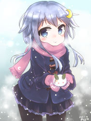 Rule 34 | 1girl, akapocho, artist name, black skirt, blue coat, blue eyes, blush, closed mouth, coat, cowboy shot, crescent, crescent hair ornament, dated, gloves, hair between eyes, hair ornament, highres, kantai collection, long hair, pink gloves, pink scarf, pleated skirt, purple hair, scarf, short hair with long locks, skirt, smile, snow rabbit, solo, yayoi (kancolle)