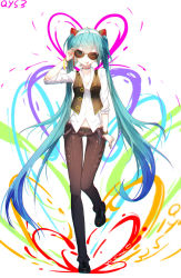 Rule 34 | 1girl, ;p, ahoge, alternate costume, ankle boots, arm at side, belt, belt buckle, black footwear, black legwear, blue eyes, blue hair, boots, bracelet, breasts, brown pants, brown vest, buckle, buttons, choker, cleavage, collarbone, full body, glasses, hairband, hatsune miku, jewelry, leg up, long hair, long sleeves, one eye closed, open clothes, open vest, pants, qys3, shirt, small breasts, solo, standing, standing on one leg, sunglasses, thigh gap, tongue, tongue out, twintails, unbuttoned, very long hair, vest, vocaloid, white shirt