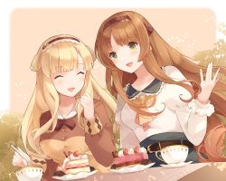Rule 34 | 2girls, alternate costume, blonde hair, brown hair, buttons, cake, collarbone, cup, closed eyes, fletcher (kancolle), food, green eyes, hair bun, helena (kancolle), holding, holding spoon, juliet sleeves, kantai collection, long hair, long sleeves, military, military uniform, multiple girls, neck ribbon, open mouth, puffy sleeves, ribbon, shakemi (sake mgmgmg), side bun, single side bun, smile, spoon, uniform, yellow ribbon