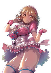 Rule 34 | 1girl, apron, backlighting, breasts, brown hair, commentary request, dress, floral print, frilled skirt, frilled thighhighs, frills, hair ornament, highres, idolmaster, idolmaster cinderella girls, kara (color), large breasts, looking at viewer, maid headdress, medium hair, panties, pantyshot, pink dress, print panties, puffy short sleeves, puffy sleeves, ribbon-trimmed dress, ribbon-trimmed panties, short sleeves, skirt, solo, thighhighs, thighs, tsukimiya miyabi, underwear, waist apron, waitress, white apron, white background, white thighhighs, wrist cuffs, yellow eyes