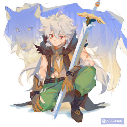Rule 34 | 1boy, ahoge, artist name, boots, child, cwilocky, full body, genshin impact, gloves, grey hair, kneeling, male focus, on one knee, razor (genshin impact), red eyes, scar, scar on face, short hair, simple background, sword, watermark, weapon, white background, wolf