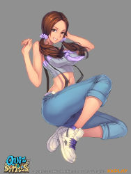 Rule 34 | 1girl, bare shoulders, breasts, brown eyes, brown hair, colored eyelashes, crop top, denim, female focus, grey background, grin, jeans, large breasts, lips, looking at viewer, low twintails, midriff, navel, off shoulder, original, othel (hatimorris), pants, parted lips, quiz &amp; sprites, shirt, shoes, simple background, smile, sneakers, solo, suspenders, taut clothes, taut shirt, twintails