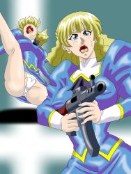 Rule 34 | 1990s (style), 1girl, agent aika, aika (series), aoi azuma, ascot, black ascot, blonde hair, blue delmo, blue delmo w, blue eyes, blue jacket, blue skirt, blush, cameltoe, crotch, delmo, dress, female focus, gun, hands up, high heels, holding, holding gun, holding weapon, jacket, juliet sleeves, legs, long sleeves, multiple views, open mouth, panties, pantyshot, partially visible vulva, pencil skirt, puffy sleeves, retro artstyle, short hair, simple background, skin tight, skirt, spread legs, sweat, thighs, underwear, uniform, weapon, white panties