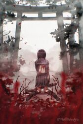 1girl artist_name black_hair commentary cuts hashtag-only_commentary hinako_shimizu holding holding_weapon horror_(theme) injury kneeling limited_palette oisiso outdoors silent_hill_(series) silent_hill_f solo torii torn_clothes twitter_username weapon