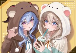 Rule 34 | 2girls, :o, absurdres, alternate costume, animal hood, artist name, blonde hair, blue eyes, blue hair, blue ribbon, brown pajamas, commentary, company connection, crossed bangs, crossover, cup, disposable cup, drinking straw, firefly (honkai: star rail), ganyu (genshin impact), genshin impact, goat horns, hair between eyes, hand up, hands up, harukix, highres, holding, holding cup, honkai: star rail, honkai (series), hood, hood up, hooded pajamas, horns, long hair, long sleeves, looking at viewer, mihoyo, milkshake, multicolored eyes, multiple girls, neck ribbon, open mouth, open pajamas, orange ribbon, pajamas, pink eyes, pom pom (clothes), purple eyes, ribbon, shirt, upper body, white pajamas, white shirt