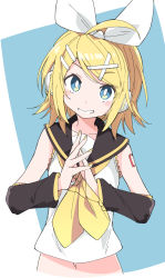 Rule 34 | 1girl, black sailor collar, blonde hair, blouse, blue eyes, blush, clenched teeth, hair ornament, hairband, headphones, ixy, kagamine rin, looking at viewer, nail polish, navel, own hands together, sailor collar, shirt, short hair, sleeveless, sleeveless shirt, smile, solo, teeth, vocaloid, white hairband, white shirt, x hair ornament