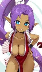 Rule 34 | 1girl, absurdres, blue eyes, breasts, cleavage, collarbone, commentary, cosplay, dark-skinned female, dark skin, english commentary, eyelashes, fatal fury, hair intakes, hand on own hip, high ponytail, highres, large breasts, leaning forward, long hair, looking at viewer, pelvic curtain, pointy ears, purple hair, revenantart, shantae, shantae (series), shiranui mai, shiranui mai (cosplay), smile, solo, teeth, very long hair