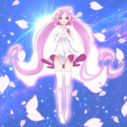 Rule 34 | 10s, 1girl, blue background, blue eyes, brooch, cape, elbow gloves, full body, gloves, heart, heart brooch, heartcatch precure!, heterochromia, jewelry, long hair, magical girl, mugen silhouette, own hands clasped, own hands together, peaceyj, petals, pink hair, precure, red eyes, skirt, smile, solo, thighhighs, twintails, white gloves, white skirt, white thighhighs
