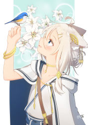 Rule 34 | 1girl, absurdres, ahoge, animal, animal ears, animal on hand, arm up, bird, blue eyes, blush, cloak, collarbone, commentary request, coreytaiyo, dated, floral background, flower, from side, grey hair, hair between eyes, hair ornament, hairclip, highres, hood, hood down, hooded cloak, long hair, open mouth, original, profile, shirt, signature, smile, solo, upper body, white cloak, white flower, white shirt