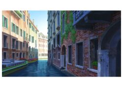 Rule 34 | blue sky, boat, brick wall, building, canal, european architecture, hariken, highres, italy, letterboxed, no humans, original, scenery, shade, sky, still life, venice, watercraft, window