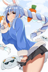 1girl, alternate costume, animal ear fluff, animal ears, bare legs, black skirt, blue sky, blue sweater, blush, braid, breasts, bunny ears, bunny tail, carrot hair ornament, closed mouth, cloud, cloudy sky, commentary, cowboy shot, day, eyebrows visible through hair, food themed hair ornament, fur-trimmed collar, fur-trimmed sleeves, fur trim, hair between eyes, hair ornament, highres, hololive, licking lips, light blue hair, long hair, looking at viewer, medium breasts, miniskirt, multicolored hair, nousagi (usada pekora), outdoors, pleated skirt, poteto hanbagu, skirt, sky, smile, snowing, solo, sweater, symbol-shaped pupils, tail, thick eyebrows, thighs, tongue, tongue out, twin braids, twintails, two-tone hair, usada pekora, v, virtual youtuber, white hair