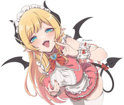 Rule 34 | 1girl, apron, black horns, blonde hair, blue eyes, blush, breasts, demon girl, demon horns, demon tail, demon wings, detached sleeves, dress, fangs, fingernails, frills, highres, hololive, horns, large breasts, long hair, looking at viewer, maid headdress, open mouth, pointy ears, red nails, sharp fingernails, simple background, skindentation, smile, solo, swept bangs, tail, thighhighs, tongue, tongue out, vinhnyu, virtual youtuber, waitress, white apron, white background, white thighhighs, wings, wrist cuffs, yuzuki choco, zettai ryouiki