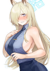 Rule 34 | 1girl, animal ears, blonde hair, blue archive, blue eyes, blue halo, blue necktie, blue vest, blush, breasts, clenched teeth, collared vest, dog ears, halo, highres, ito uuu, kanna (blue archive), large breasts, long hair, looking at viewer, necktie, pencil skirt, sharp teeth, sideboob, simple background, skirt, solo, teeth, tie clip, vest, white background