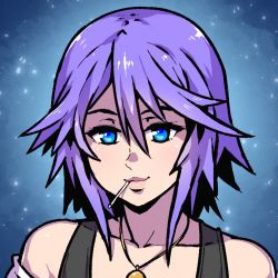 Rule 34 | 1girl, akairiot, blue background, blue eyes, commission, gradient background, hair between eyes, jewelry, looking at viewer, medium hair, mouth hold, necklace, portrait, purple hair, rosario+vampire, shadow, shirayuki mizore, smile, solo