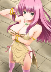 Rule 34 | 1girl, aitanikofu, bad id, bad pixiv id, blush, bracelet, breasts, character request, cleavage, covered erect nipples, green eyes, jewelry, large breasts, long hair, looking at viewer, no panties, original, pink hair, revealing clothes, solo, thighhighs